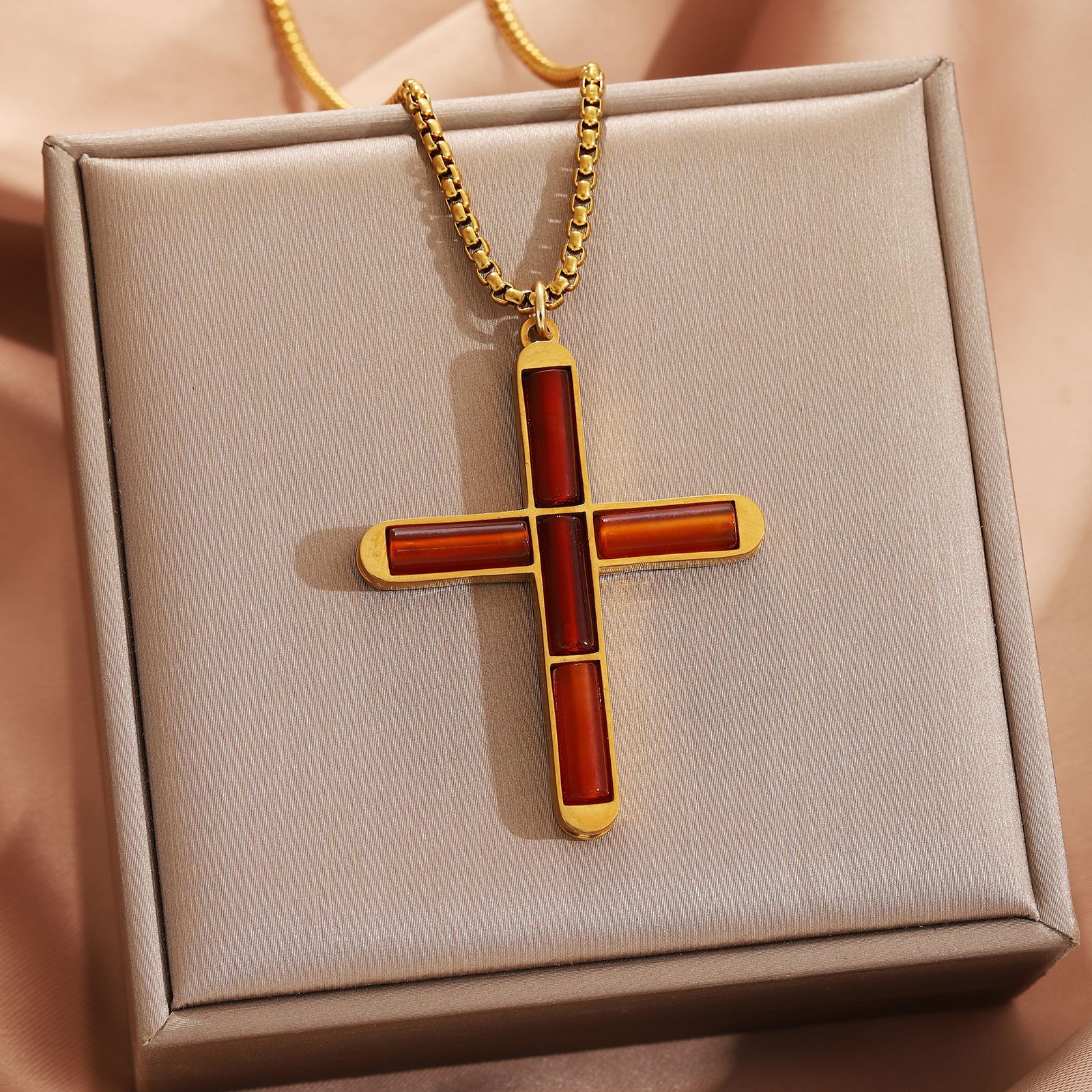 Red onyx cross necklace gold