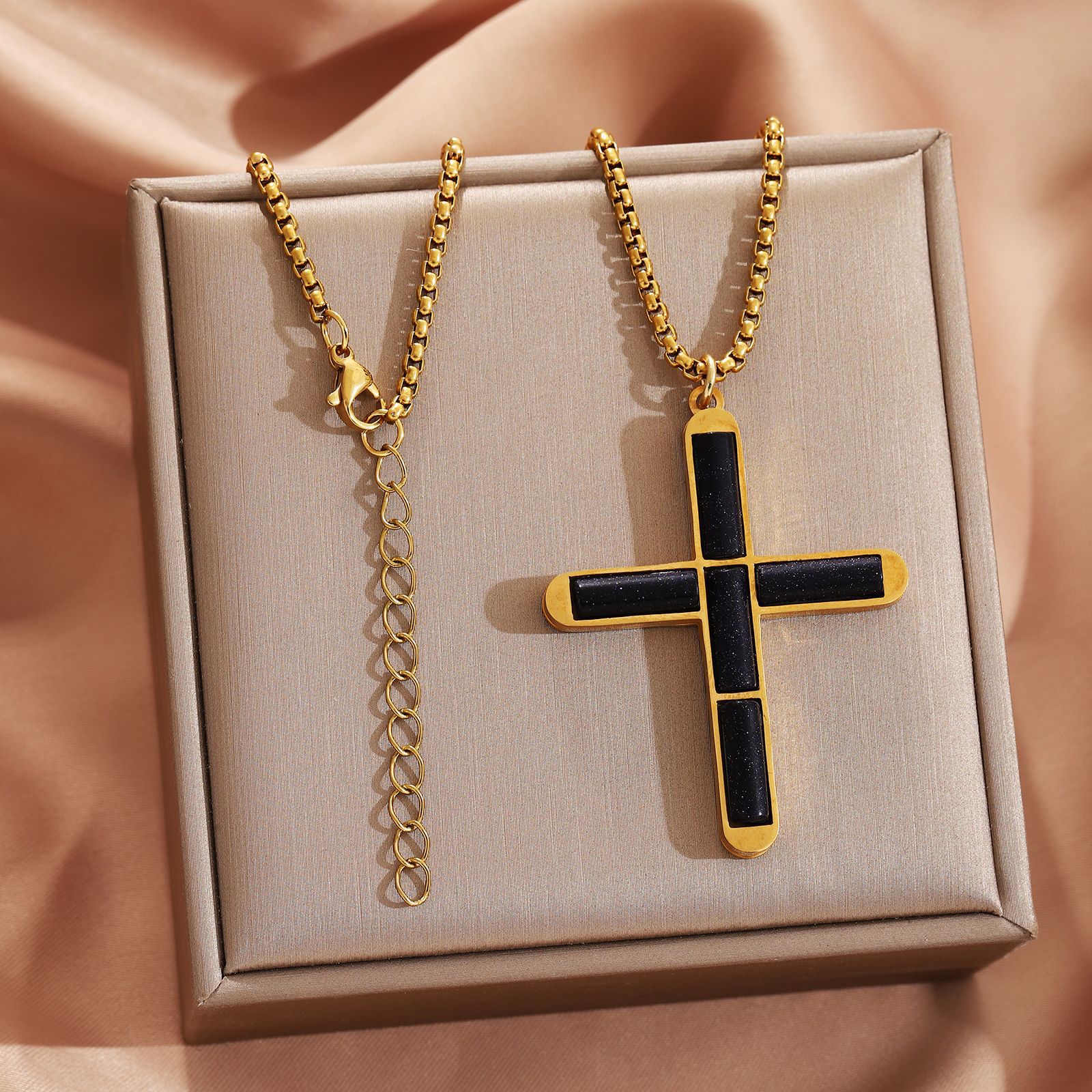 Black crystal cross necklace gold