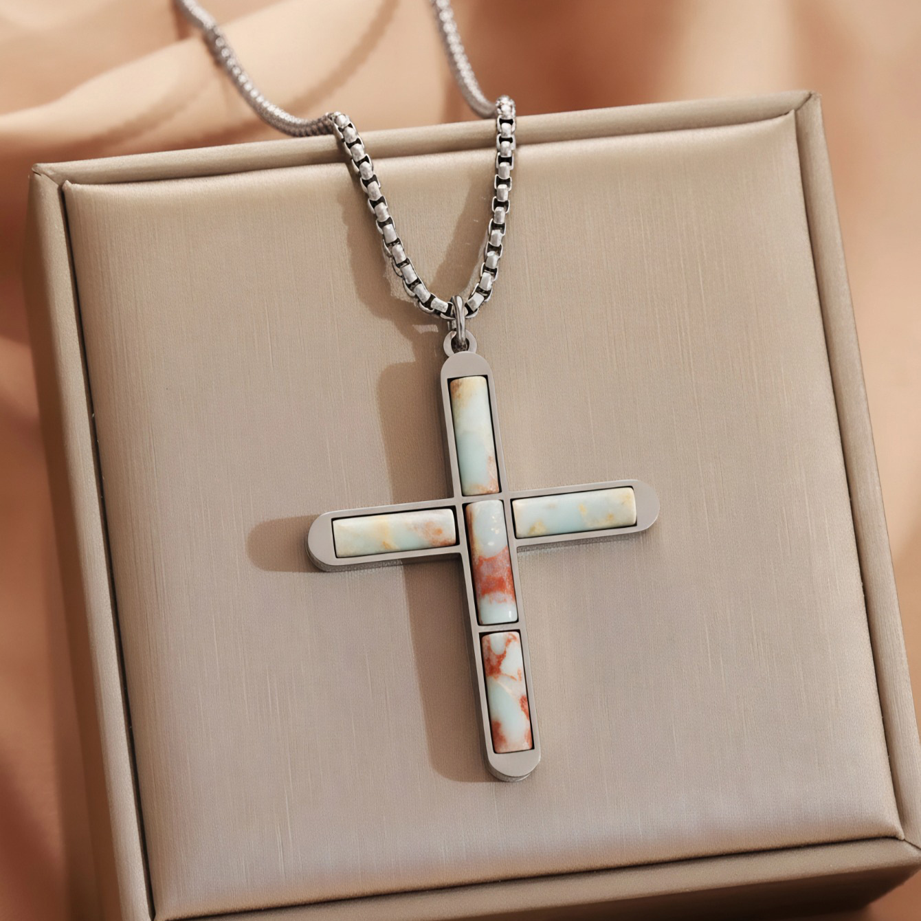 Shoushan stone cross necklace silver