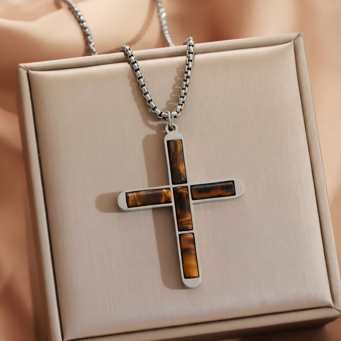 Tiger eye cross necklace silver