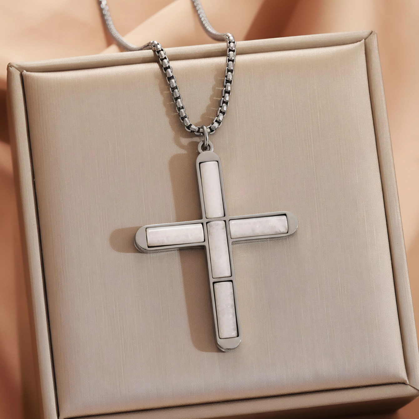 Transparent white cross necklace silver