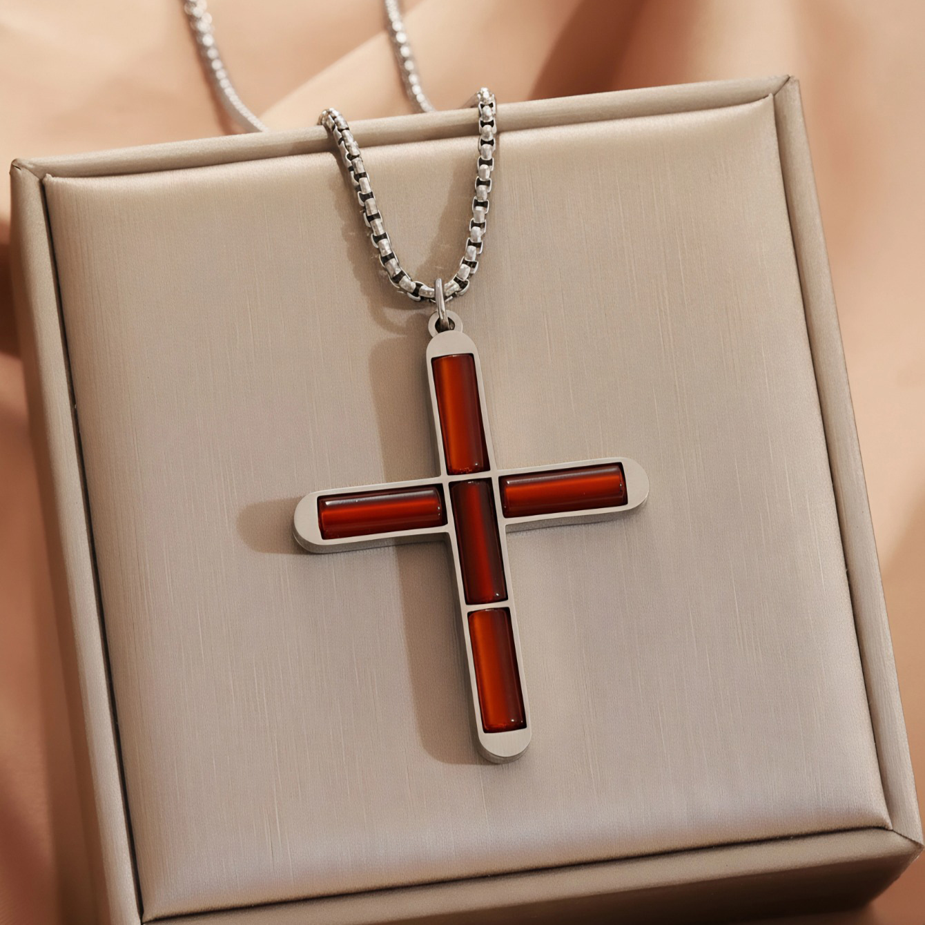 Red onyx cross necklace silver