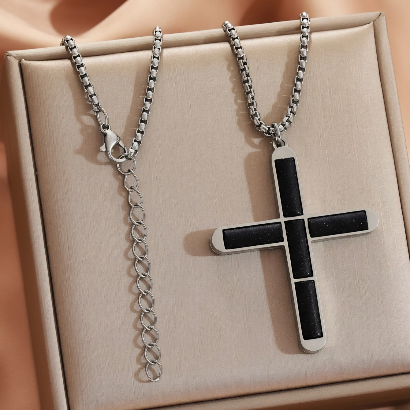 Black crystal cross necklace silver