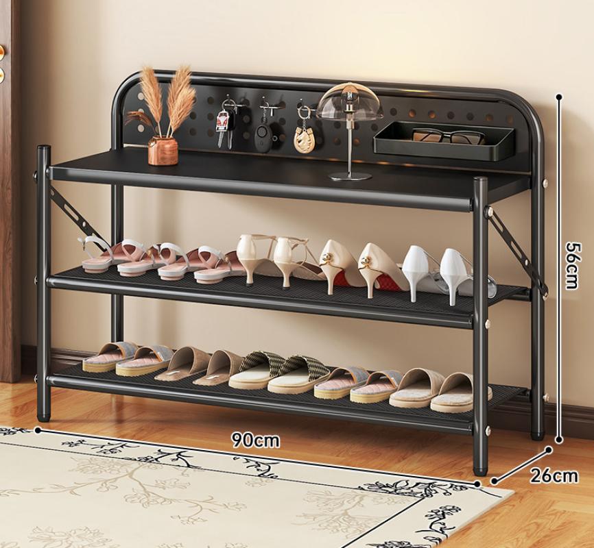 DB30J-Dense Mesh Folding Shoe Rack, Three Layers, 900mm Long (Black)