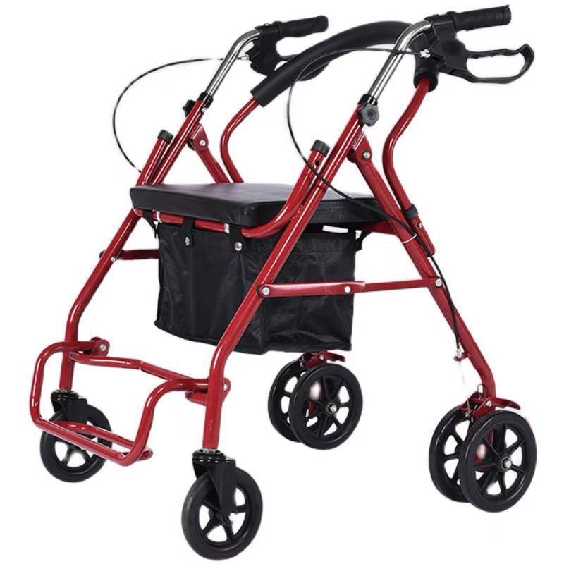 Six-wheel red shopping cart with foot pedal