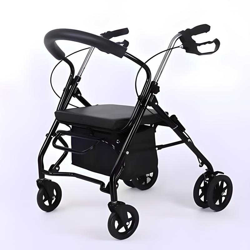Six-wheel black shopping cart with foot pedal and shopping bag