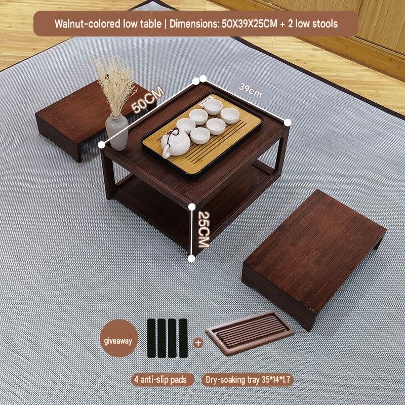 Walnut-colored kang table 50cm   2 low stools   dry tea tray