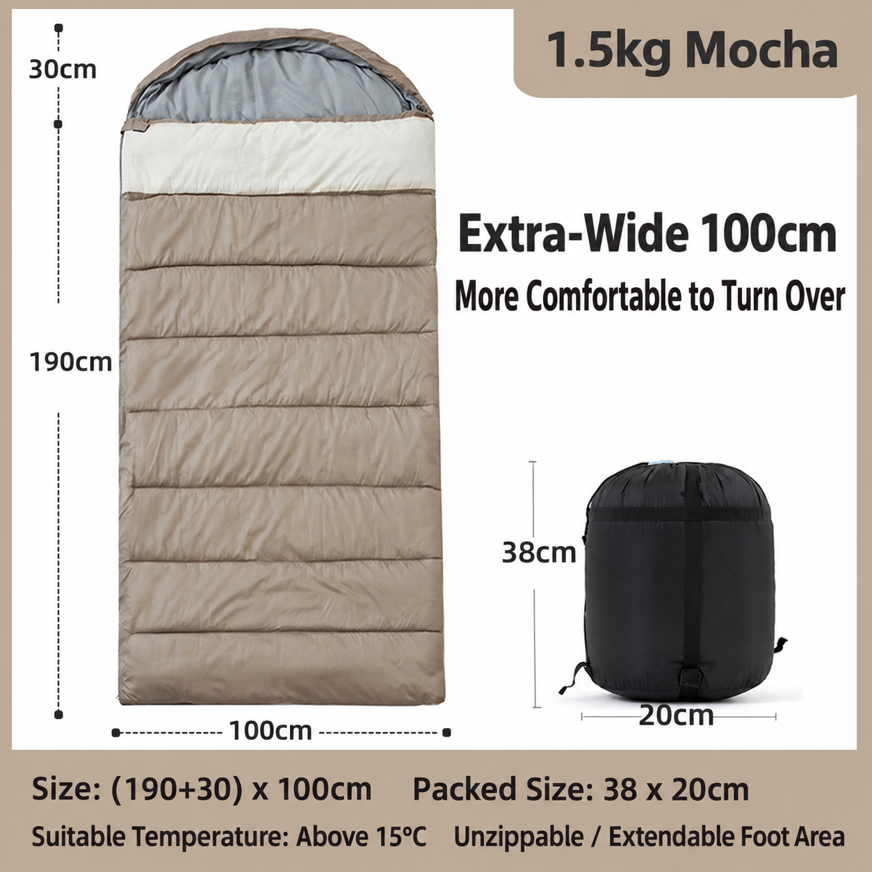 1.5kg widened sleeping bag (100cm wide) - mocha color suitable for temperatures above 15 degrees