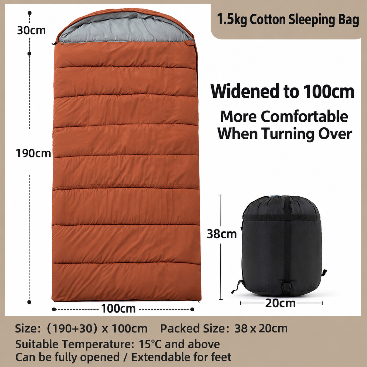 1.5kg widened sleeping bag (100cm wide) - brown, suitable for temperatures above 15 degrees