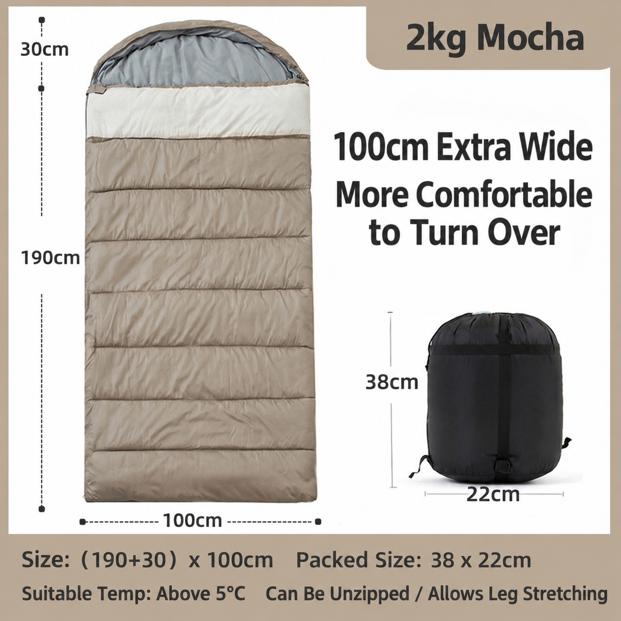 2kg widened sleeping bag (100cm wide) - mocha color suitable for temperatures above 5 degrees