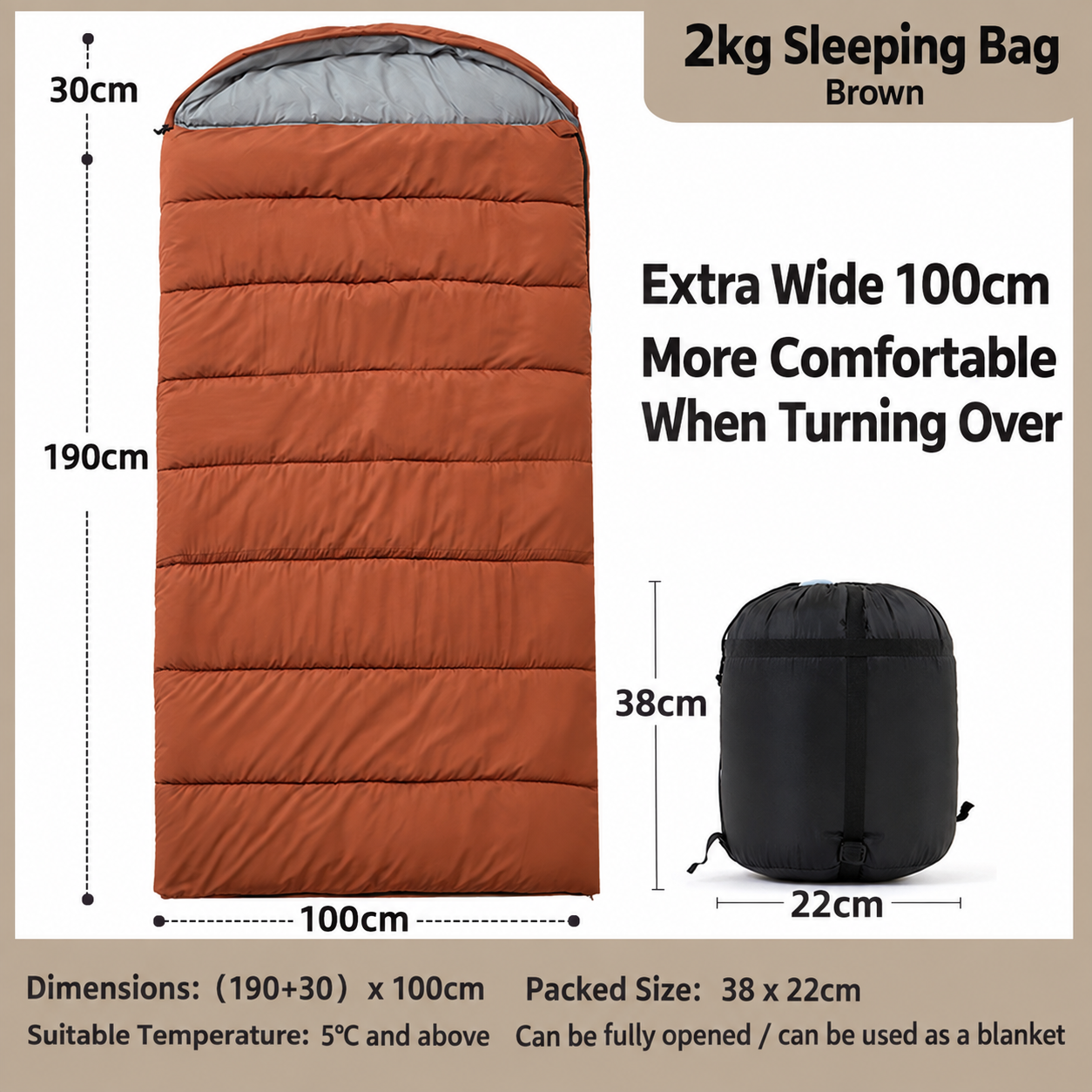 2kg widened sleeping bag (100cm wide) - brown, suitable for temperatures above 5 degrees
