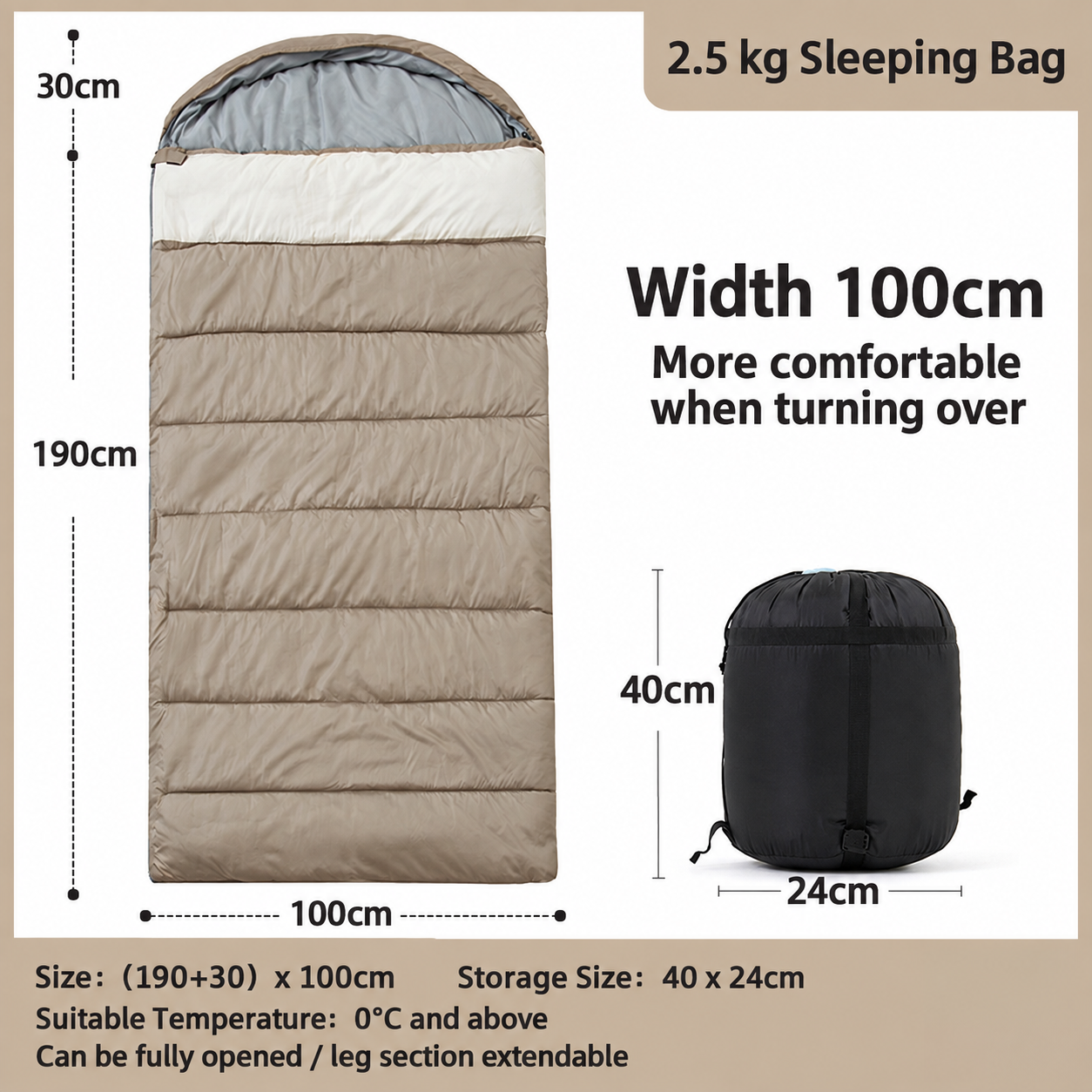 2.5kg widened sleeping bag (100cm wide) - mocha color suitable for temperatures above 0 degrees