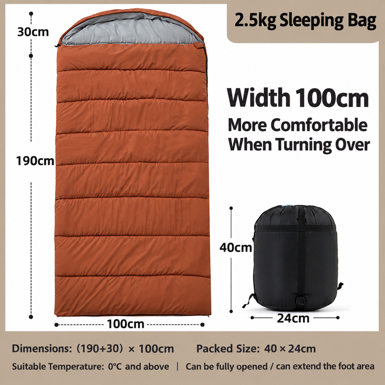 2.5kg widened sleeping bag (100cm wide) - brown, suitable for temperatures above 0 degrees