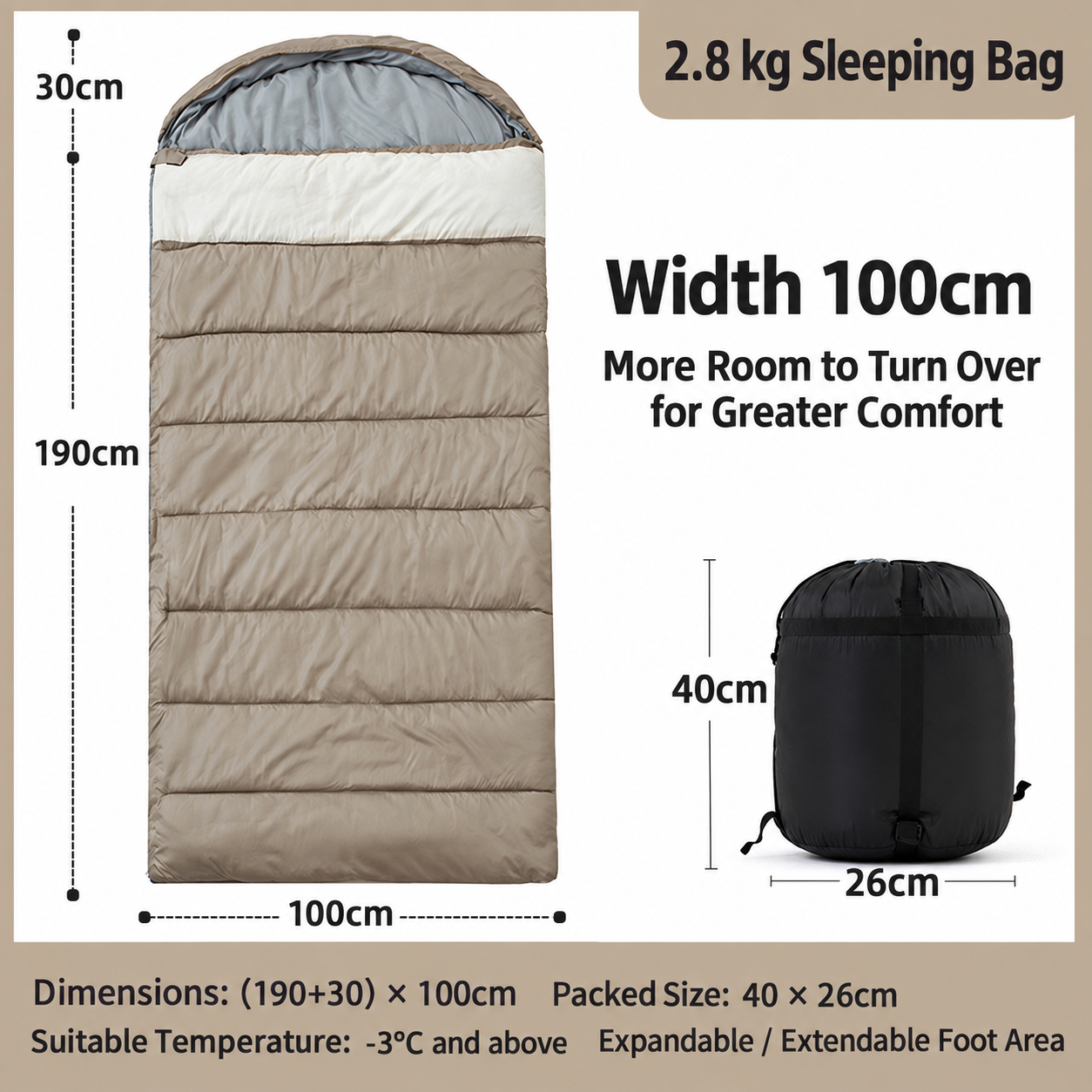 2.8kg widened sleeping bag (100cm wide) - mocha color, suitable for temperatures above minus 5 degrees celsius