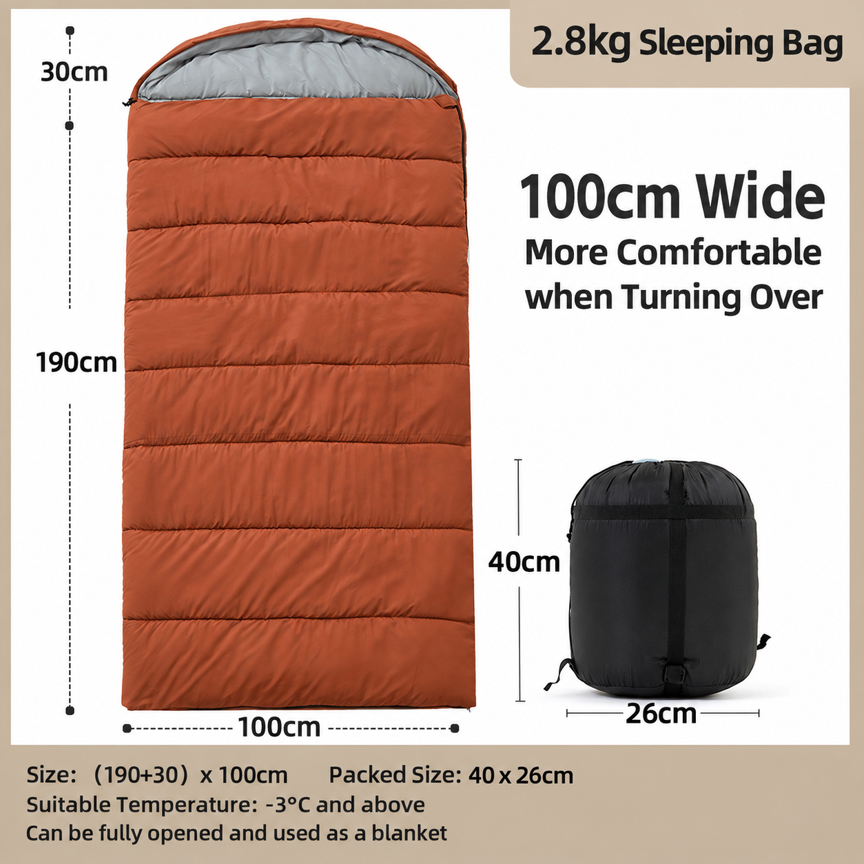 2.8kg widened sleeping bag (100cm wide) - brown, suitable for temperatures above minus 5 degrees