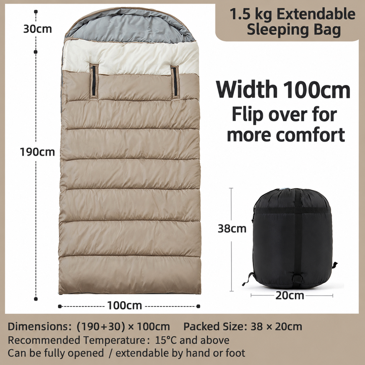 Reach 1.5kg widened sleeping bag (100cm wide) - mocha color suitable for temperatures above 15 degrees