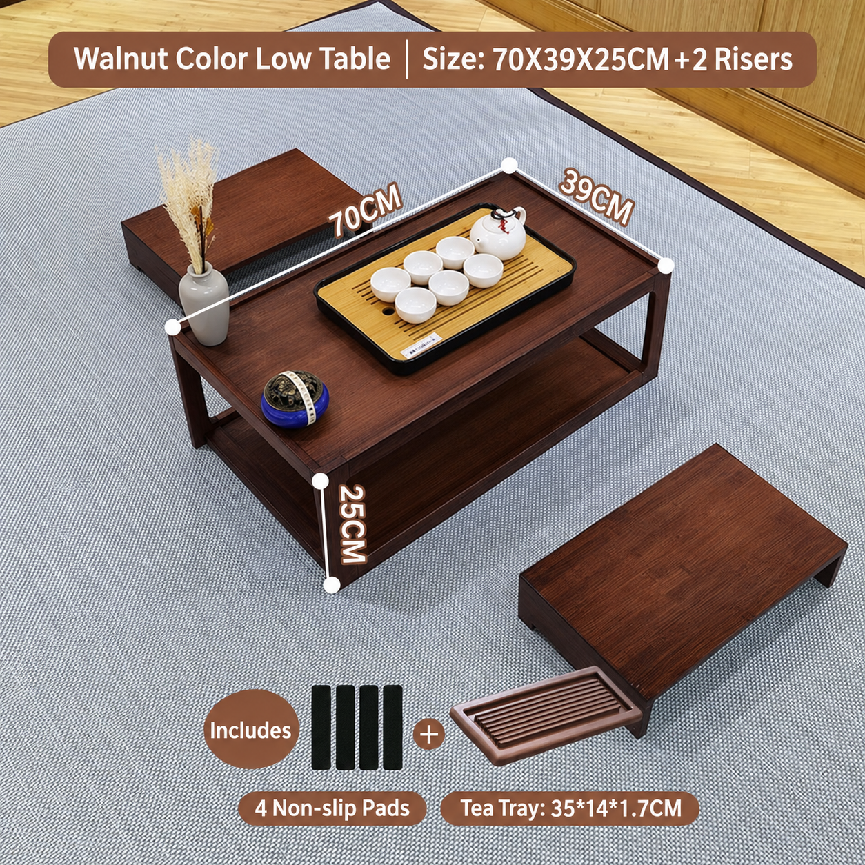 Walnut-colored kang table 70cm   2 low stools   dry soaking tray