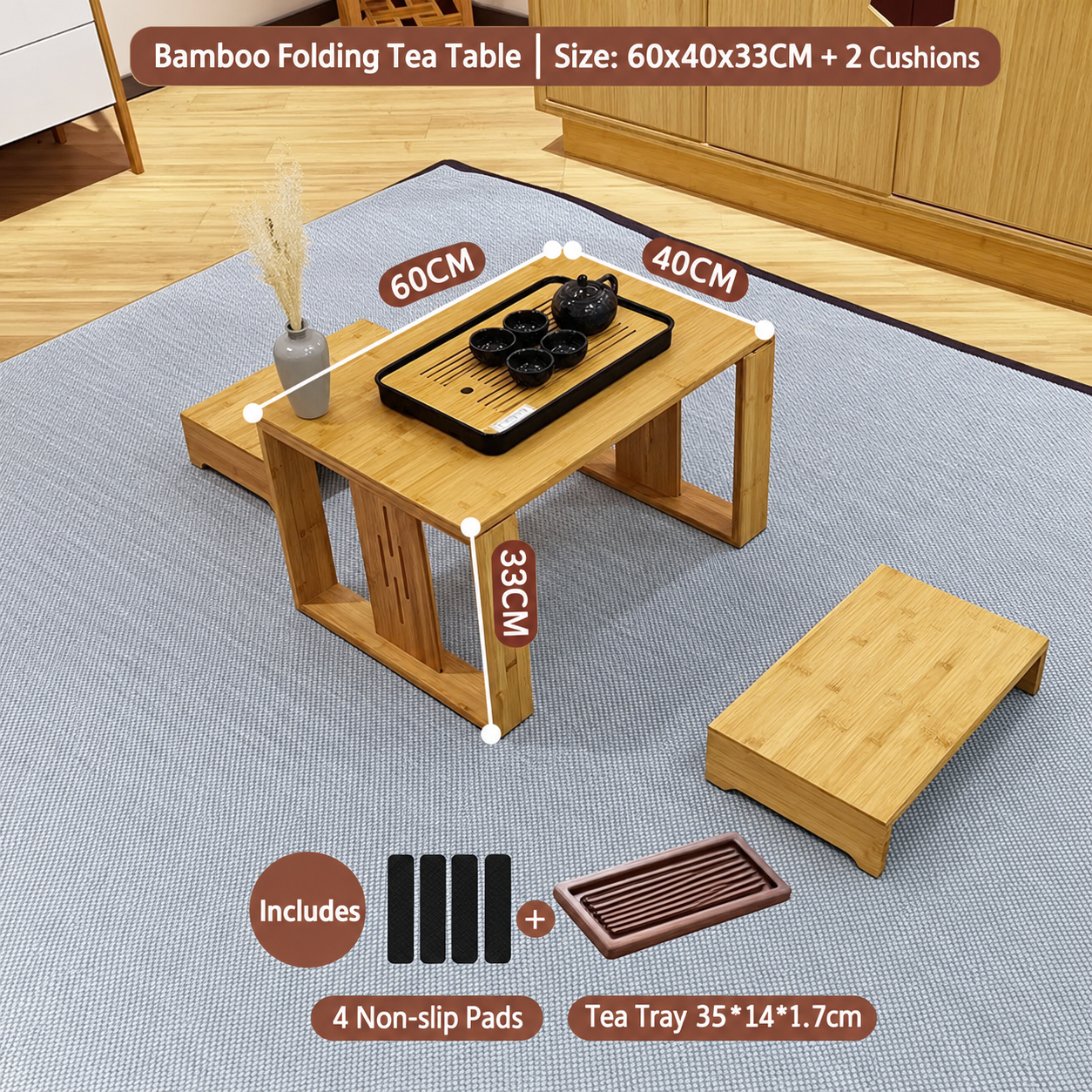Natural color bay window table 60cm   2 low stools   dry tea tray