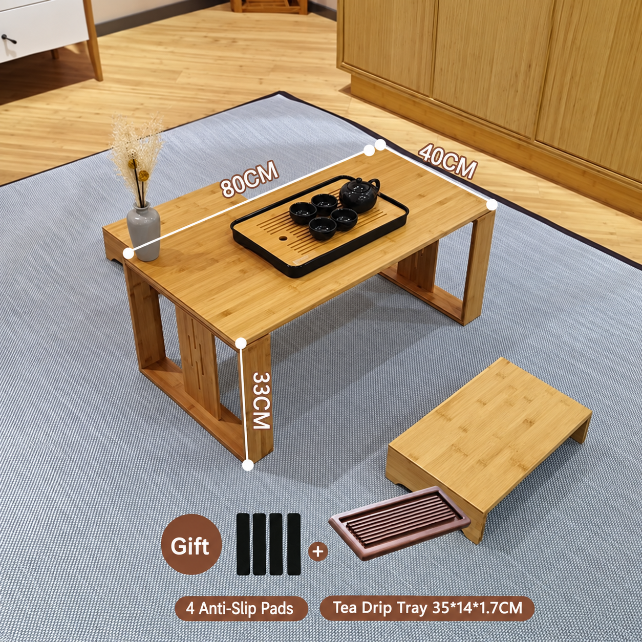 Natural color bay window table 80cm   2 low stools   dry tea tray