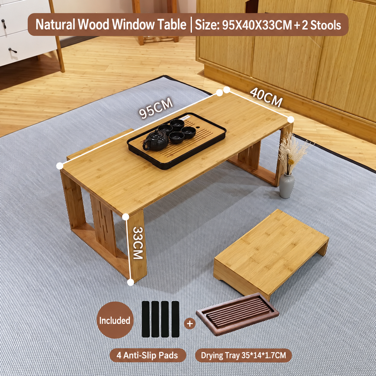 Natural color bay window table 95cm   2 low stools   dry tea tray