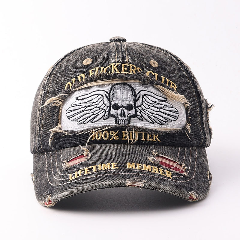 Denim hole skull-black