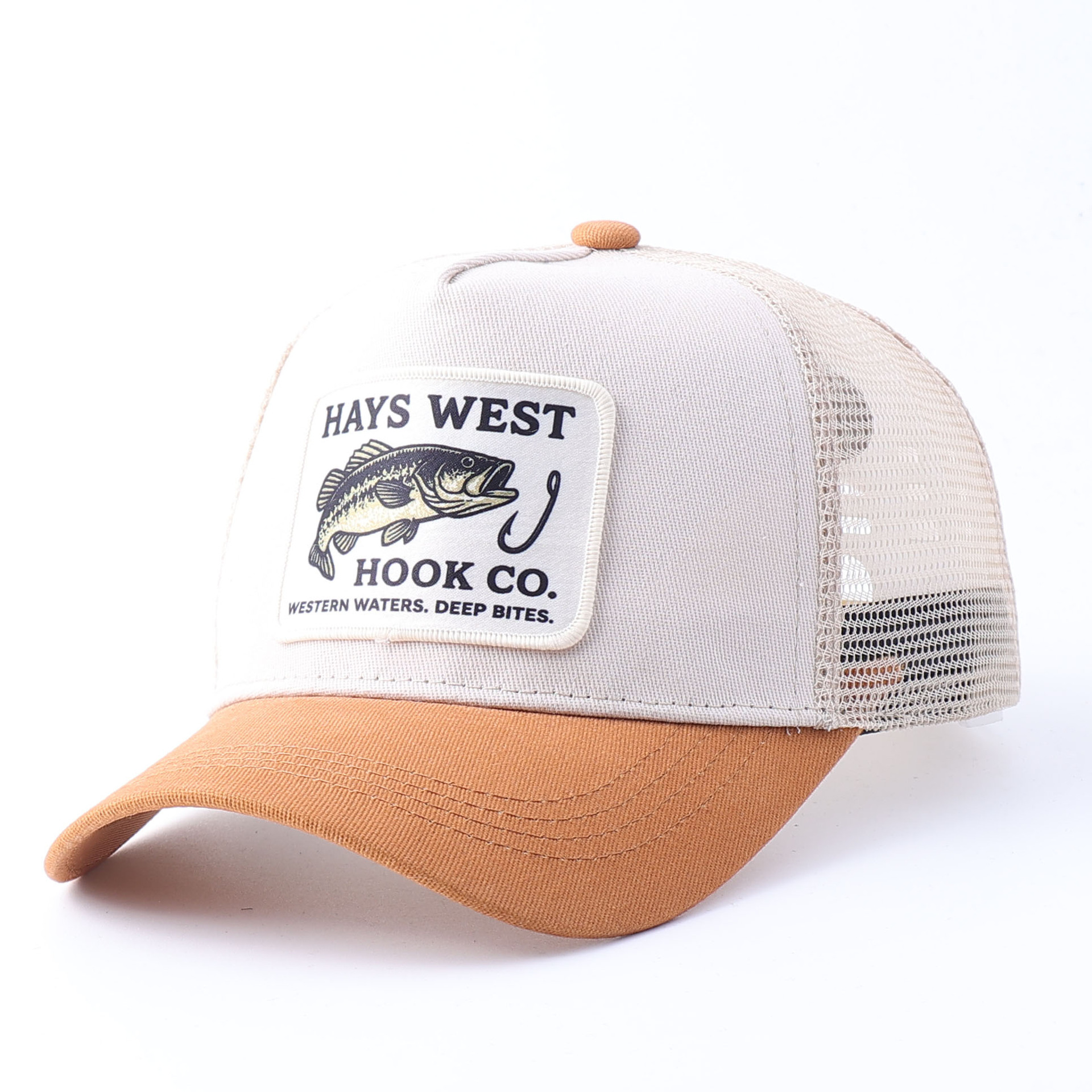 Embroidered fish patch mesh hat-brown