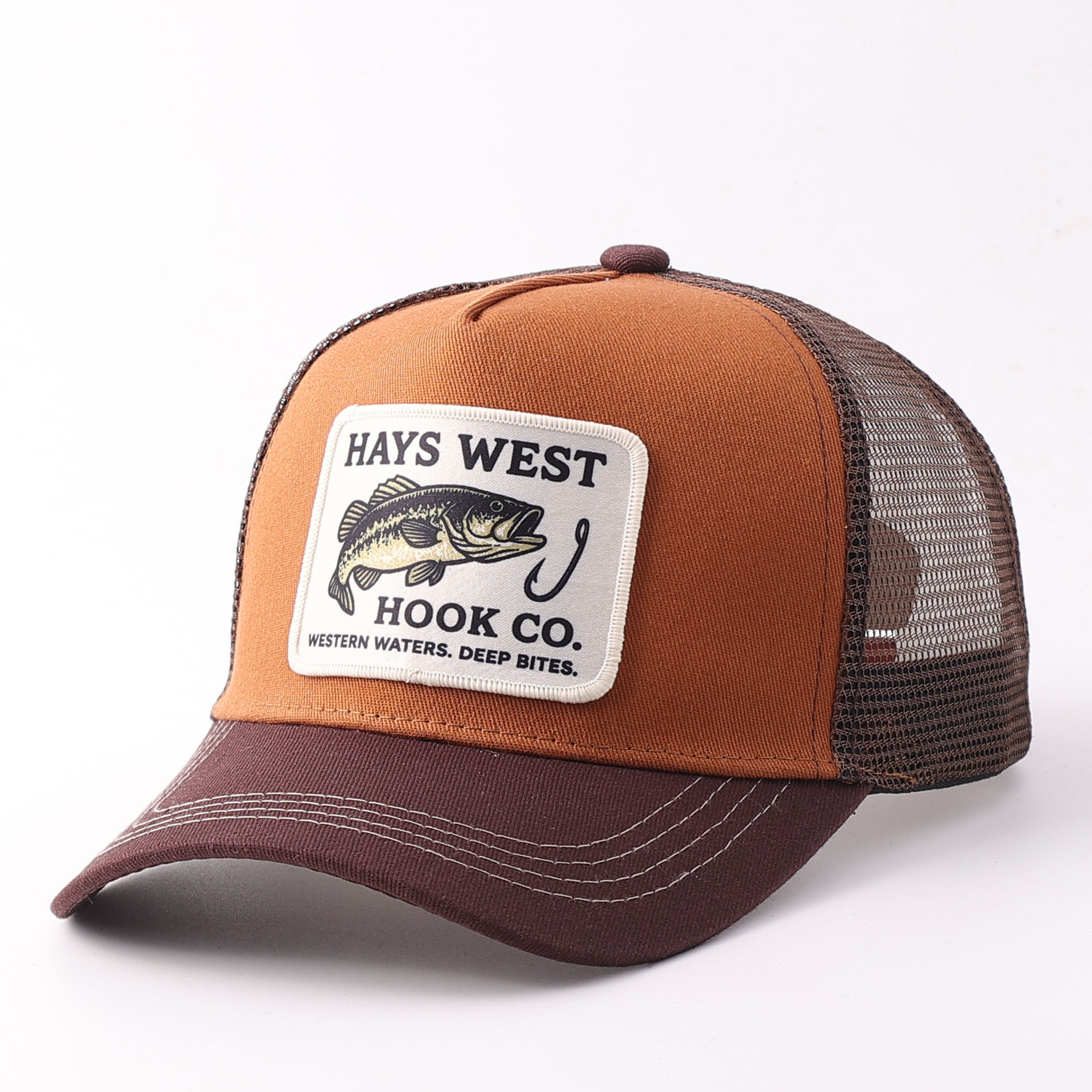 Embroidered fish patch mesh hat-brown coffee