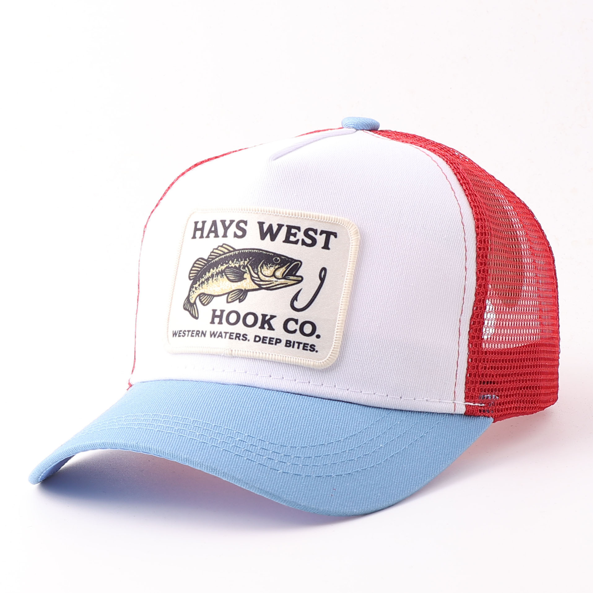 Embroidered fish patch mesh hat-white and light blue