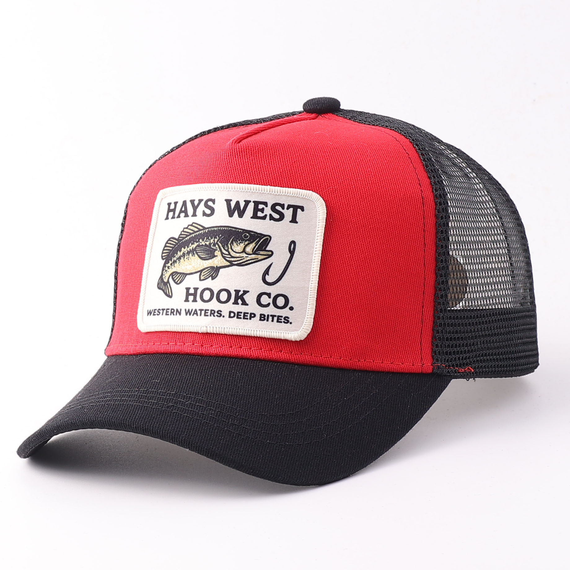 Embroidered fish patch mesh hat-red and black