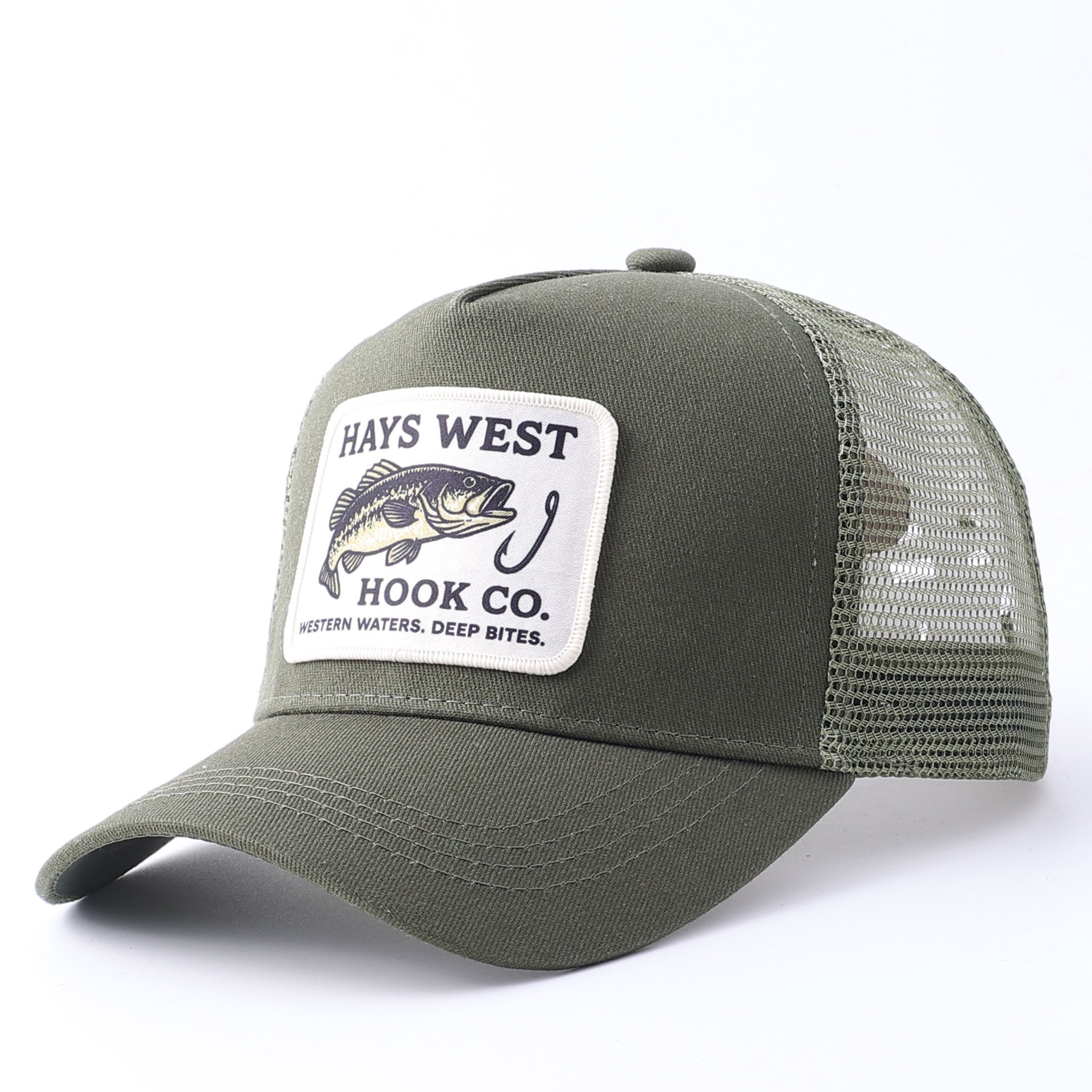 Embroidered fish patch mesh hat-military green