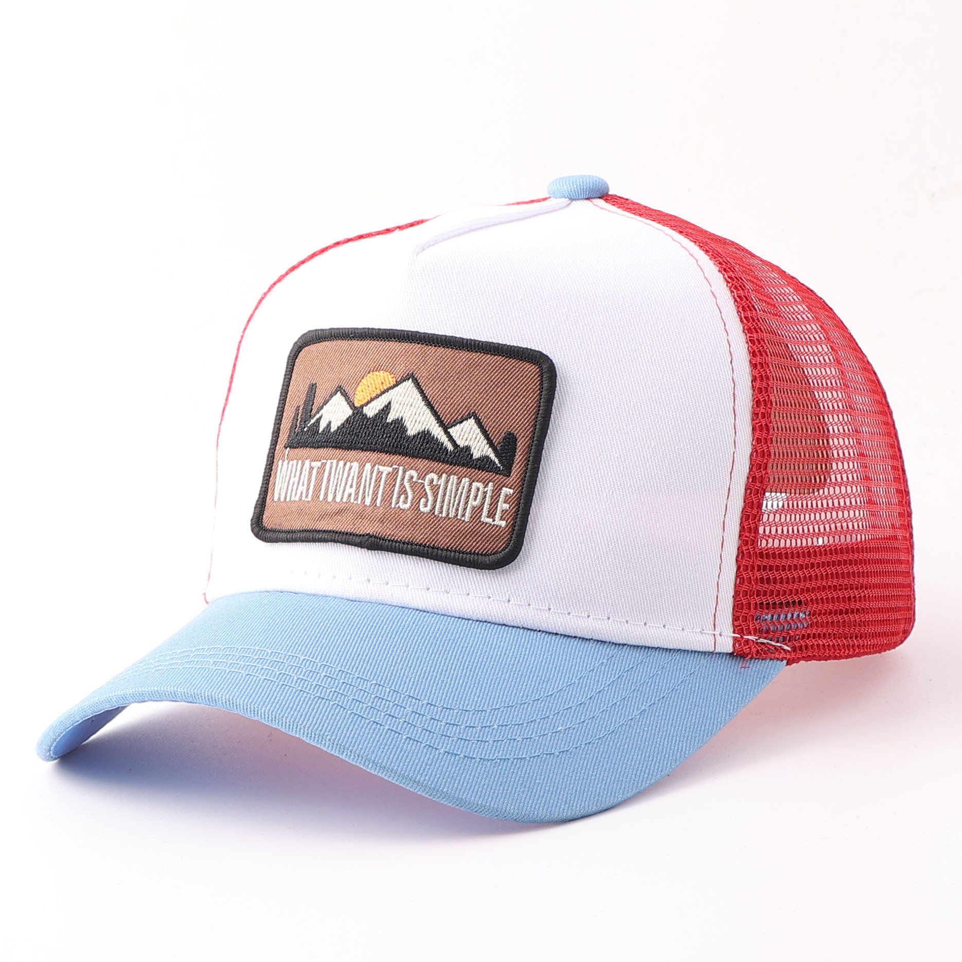 Embroidered peak patch mesh hat-white and light blue