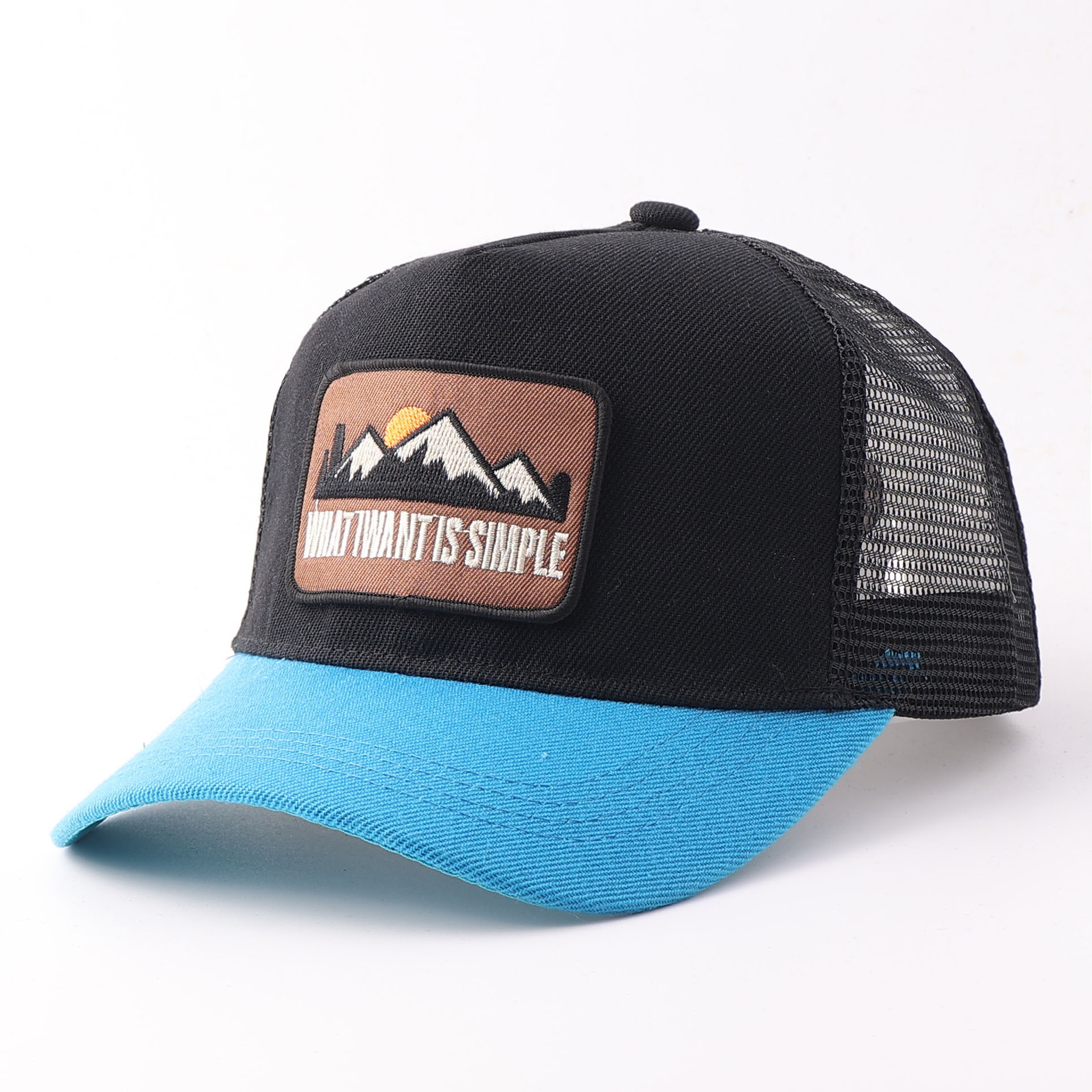 Embroidered peak patch mesh hat-black and blue