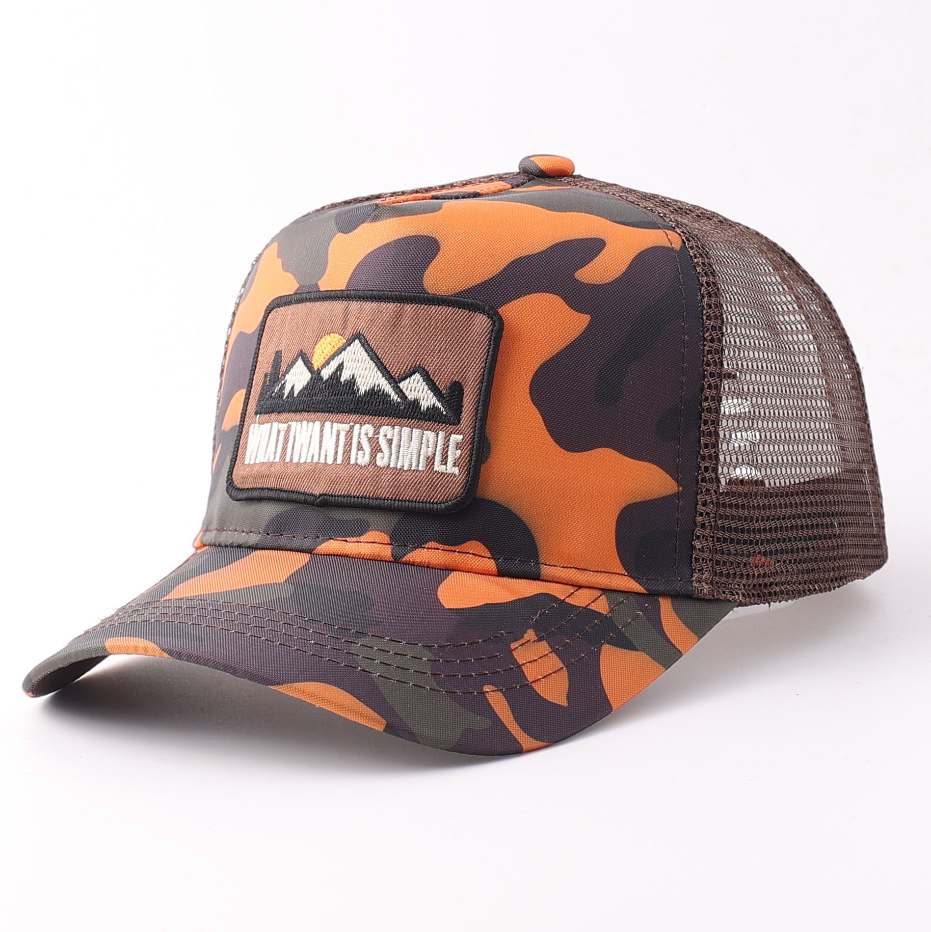 Embroidered peak patch mesh hat-orange camouflage