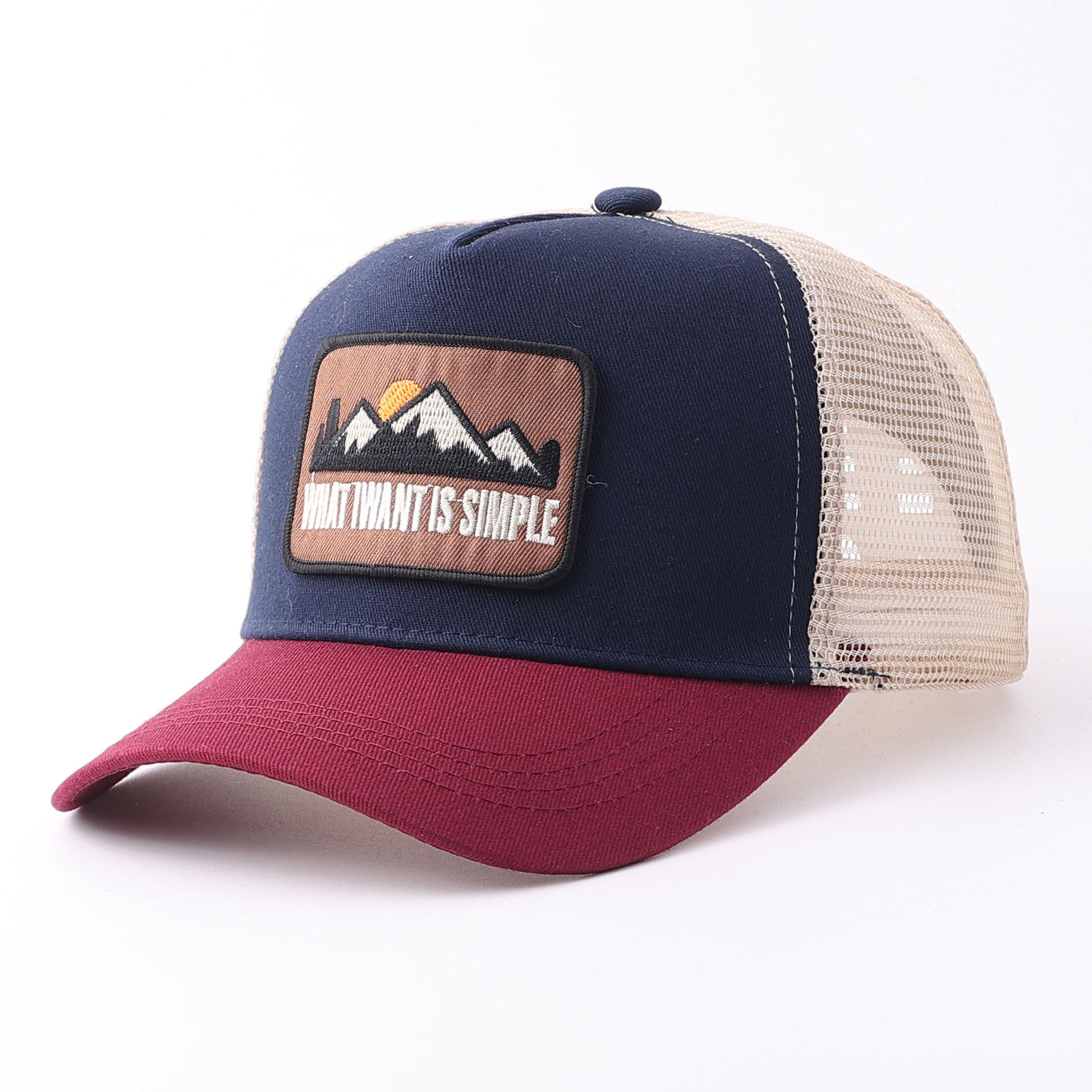 Embroidered peak patch mesh hat-navy burgundy