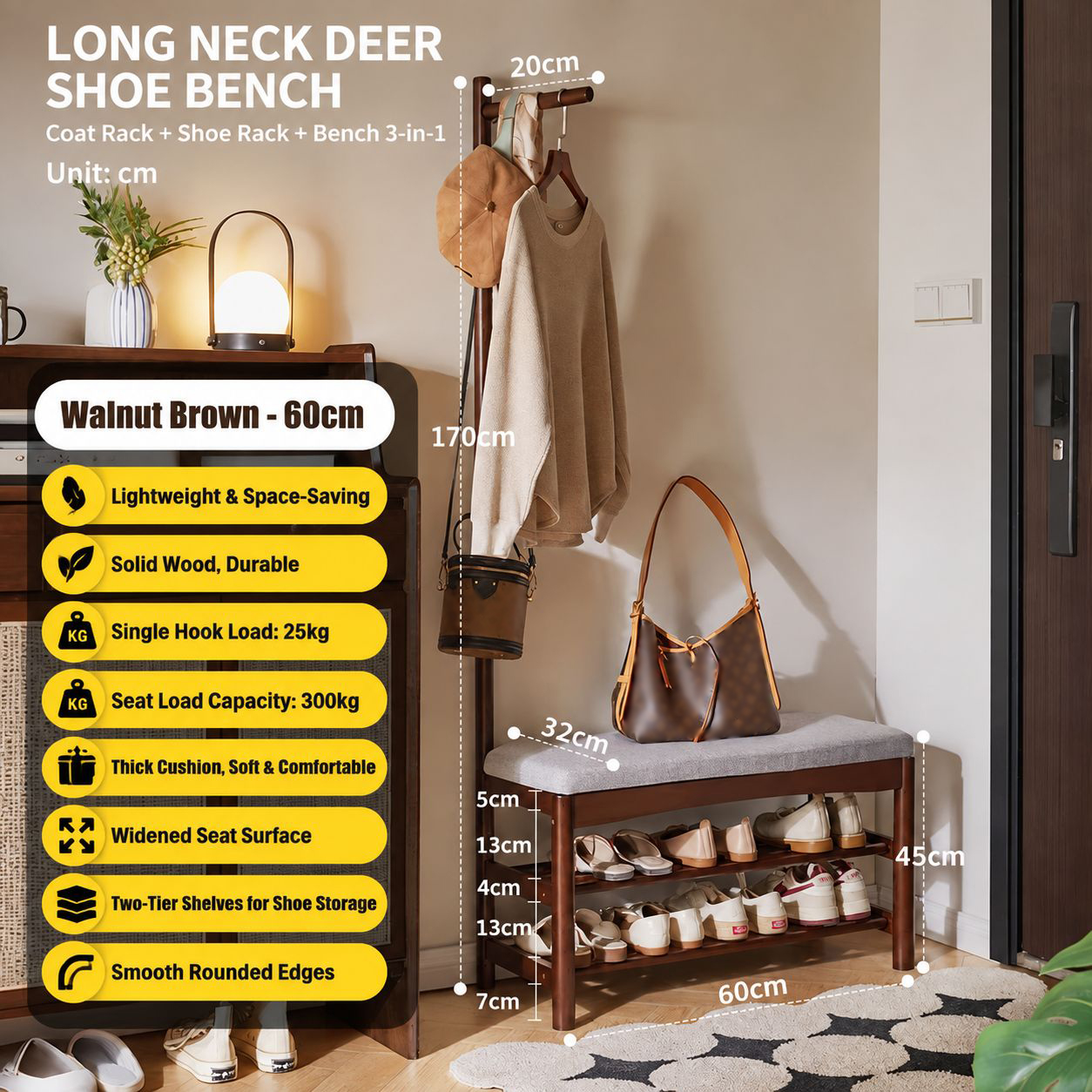 Walnut color 60*32*170cm [fas grade imported rubber wood thickened integrated support rod]