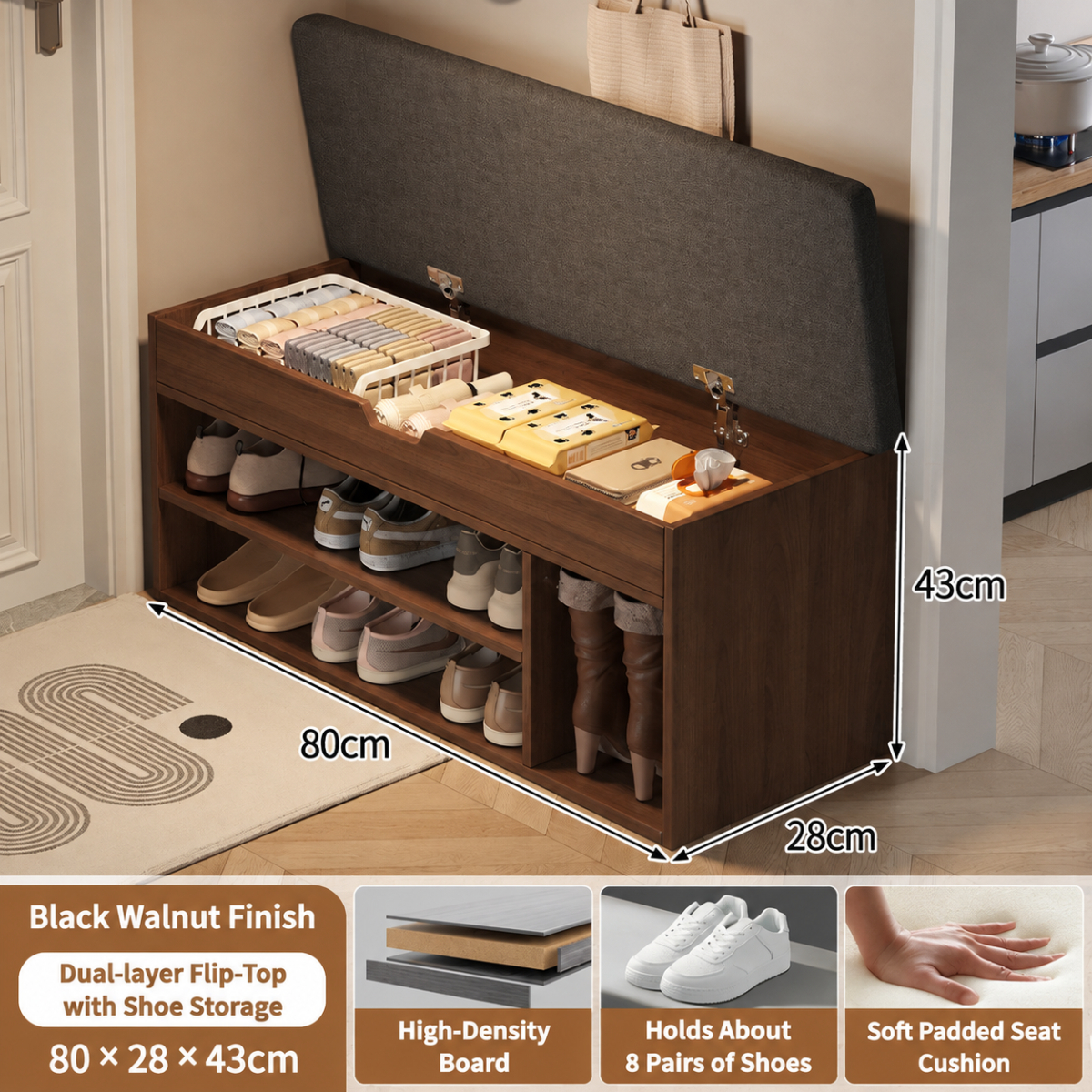 [double-layer flip-top with boot position] 80cm brushed black oak color