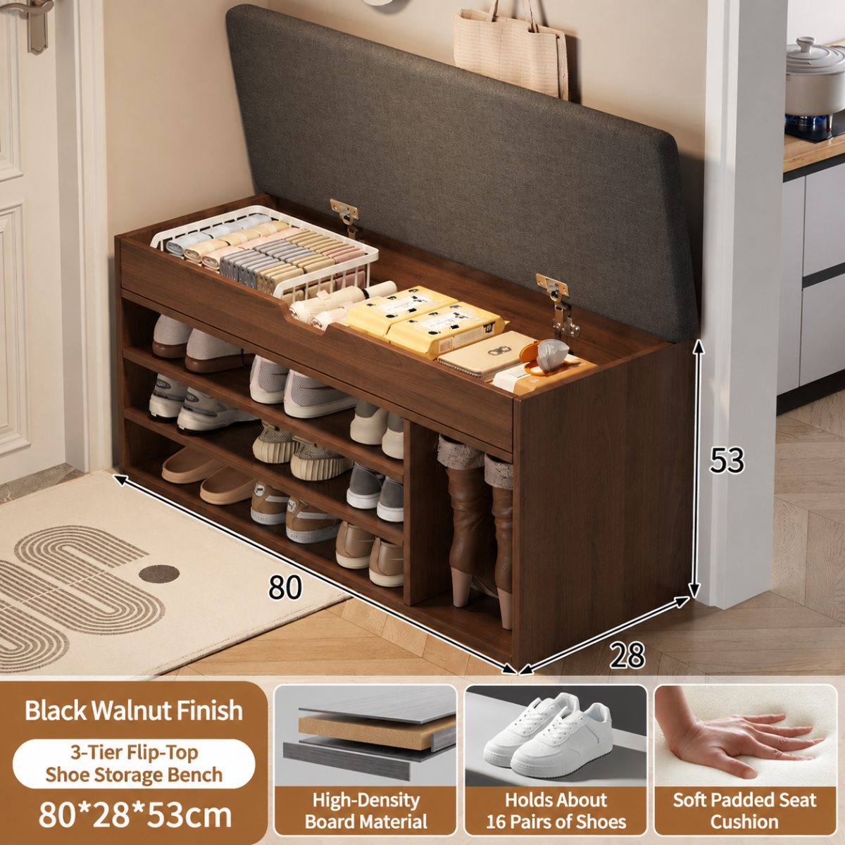 [three-layer flip-top with boot position] 80cm brushed black oak color