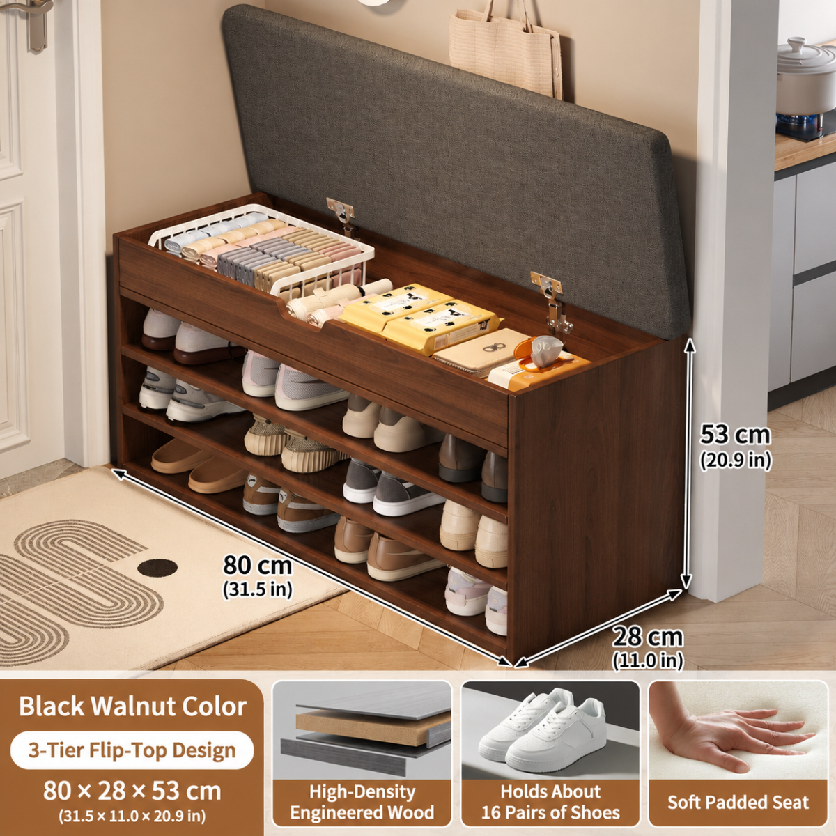 [three layers can be flipped] 80cm brushed black oak color