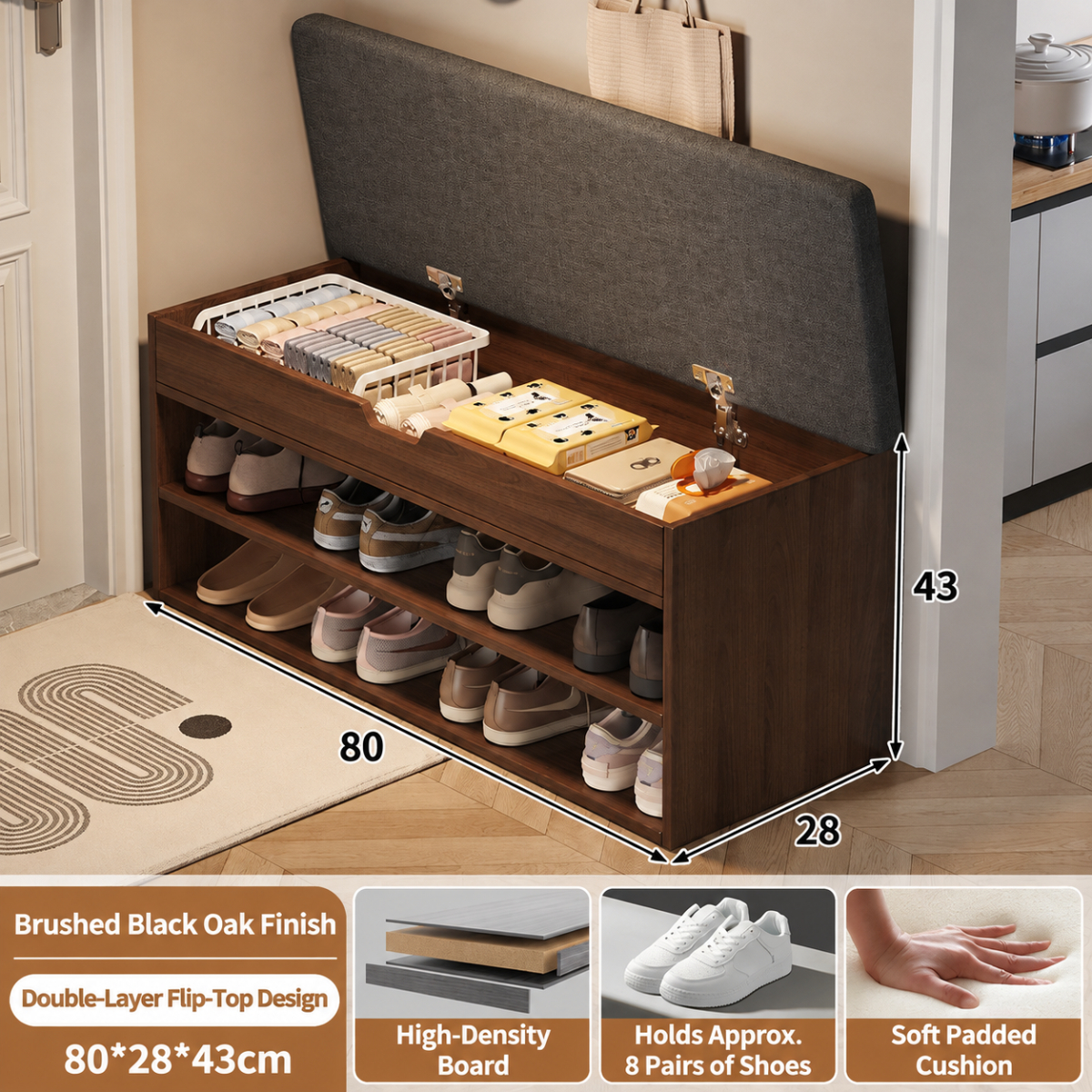 [double-layer flip-up cover] 80cm brushed black oak color