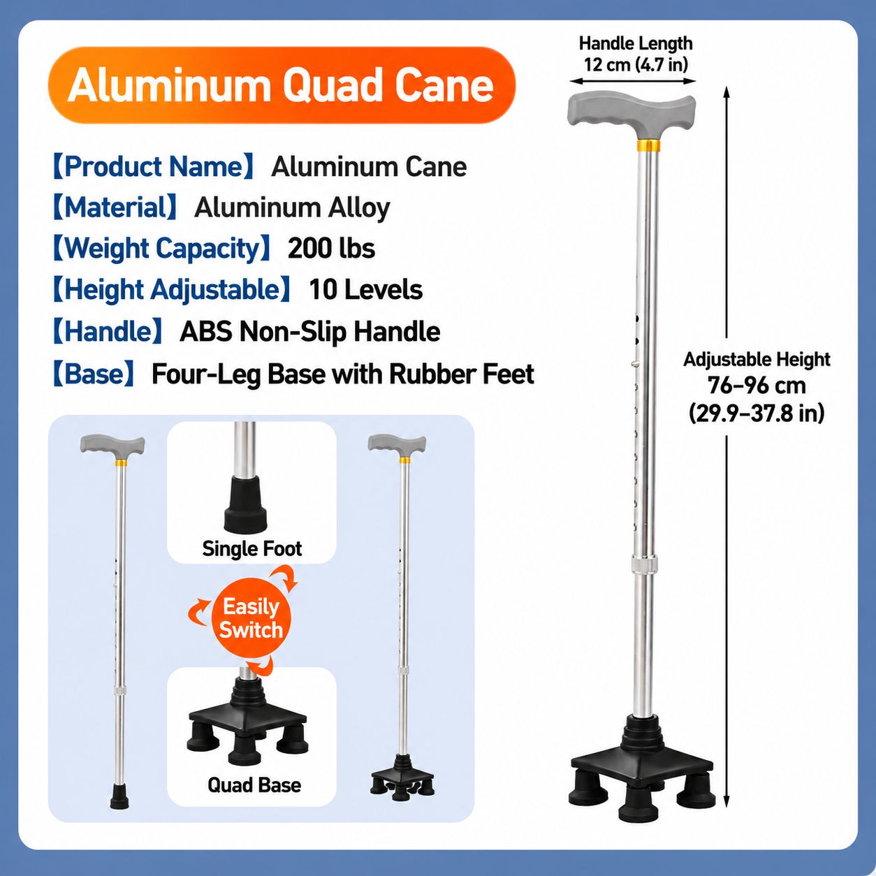 silver color [aluminum alloy] [square base] interchangeable crutch