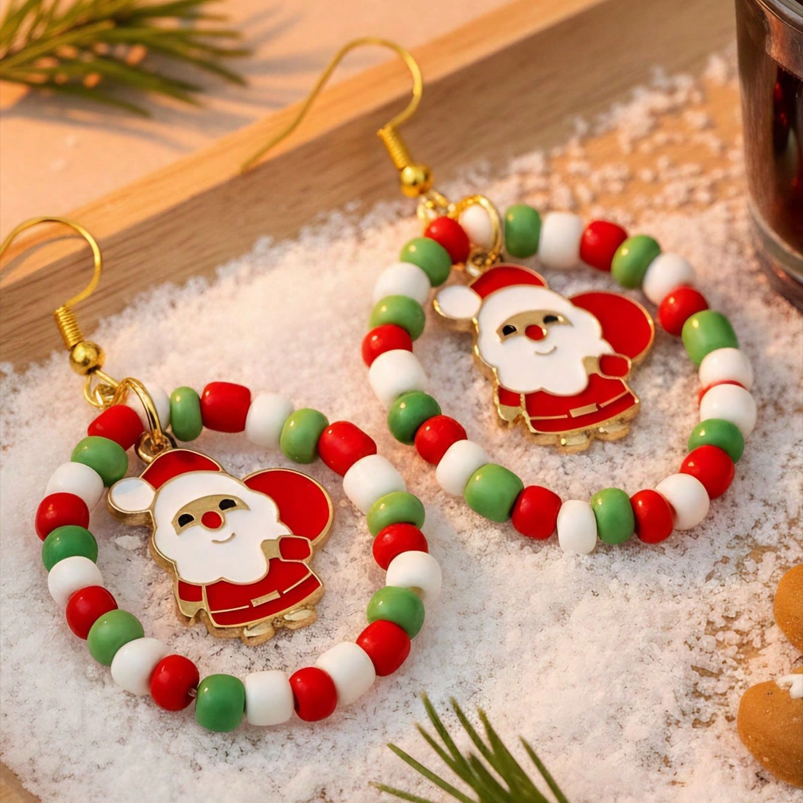 1 pair of colorful rice bead santa earrings