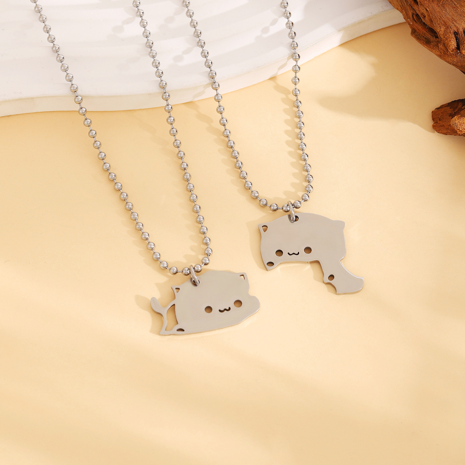 2:1 pair of silver cat necklace