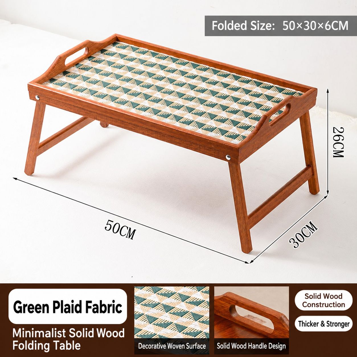Green checkered fabric solid wood folding small dining table