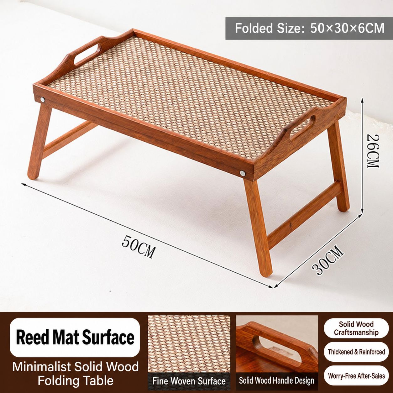 Reed-woven solid wood folding small dining table