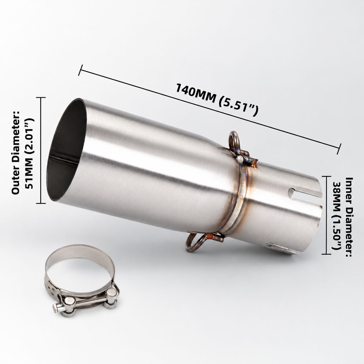38mm inner diameter (connected to 51mm tail section)