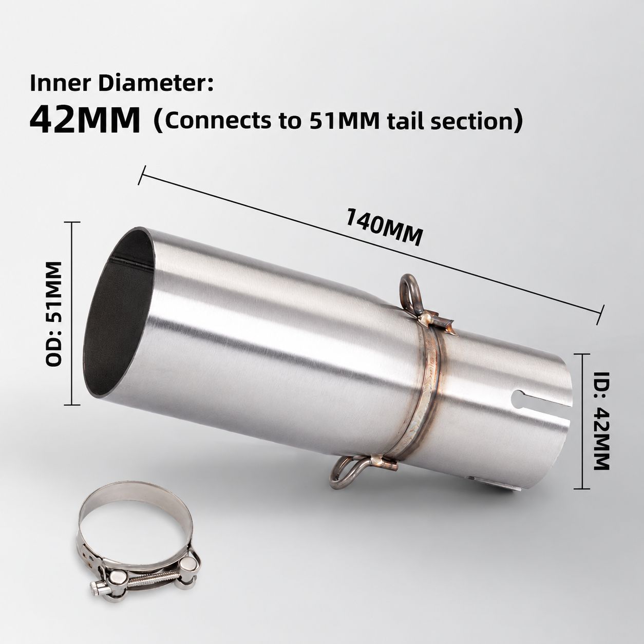 42mm inner diameter (connected to 51mm tail section)