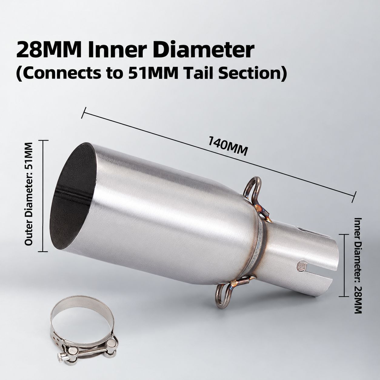 28mm inner diameter (connected to 51mm tail section)