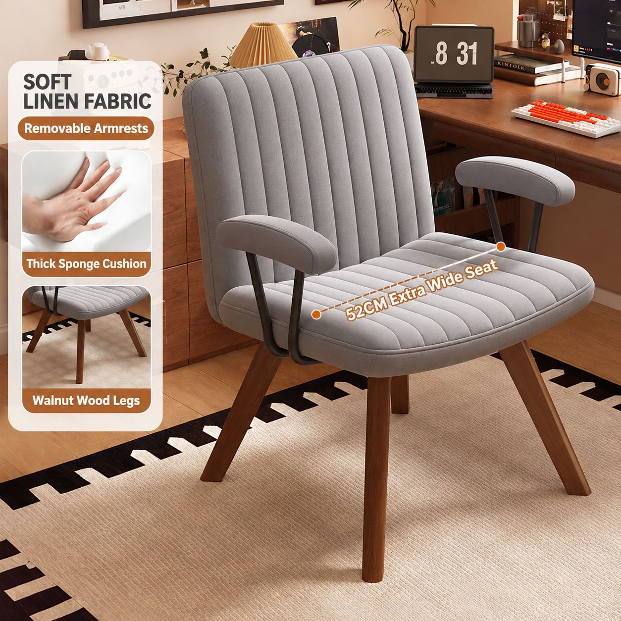 Light gray cotton and linen chair surface [walnut wood legs]