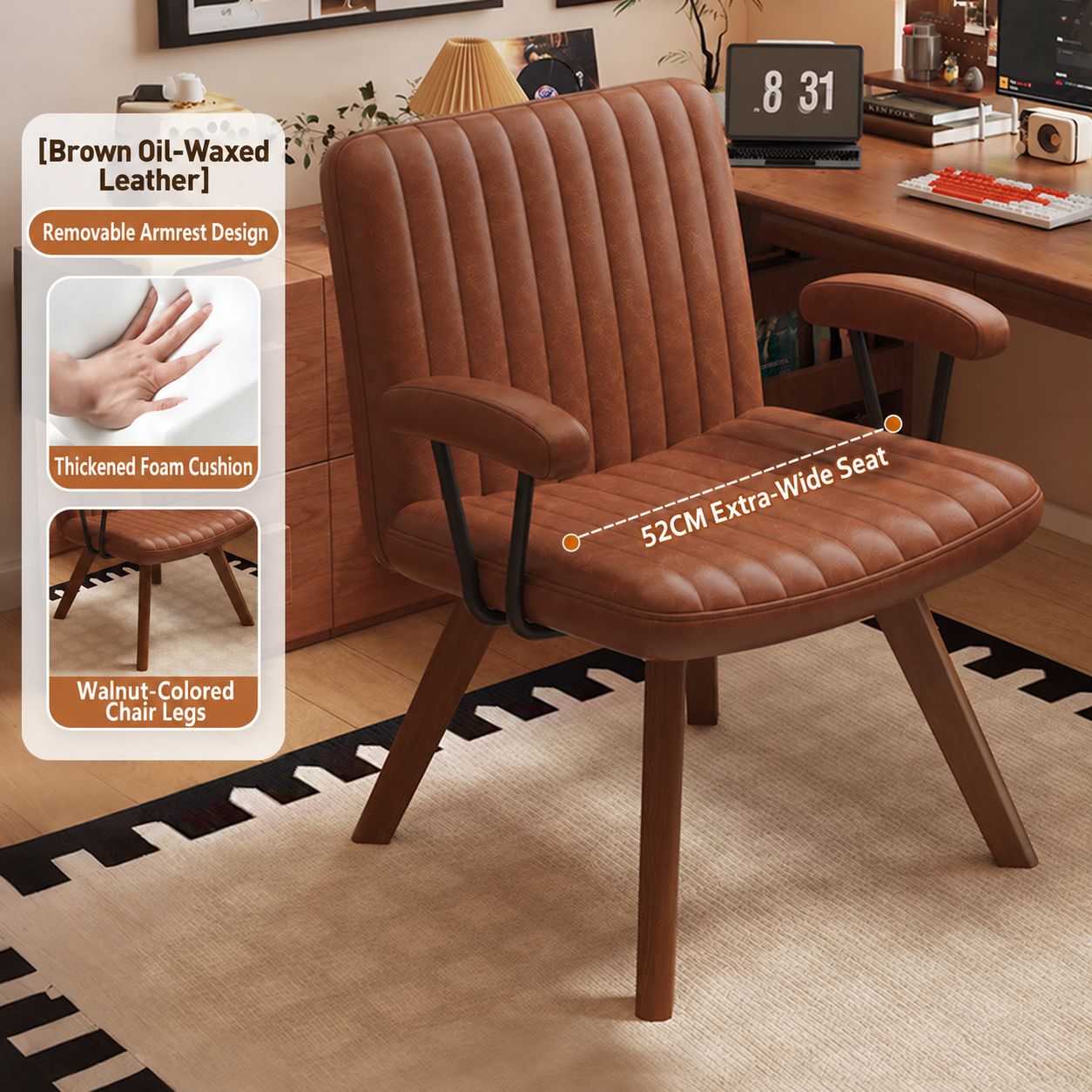 Brown oil wax leather chair surface [walnut wood legs]