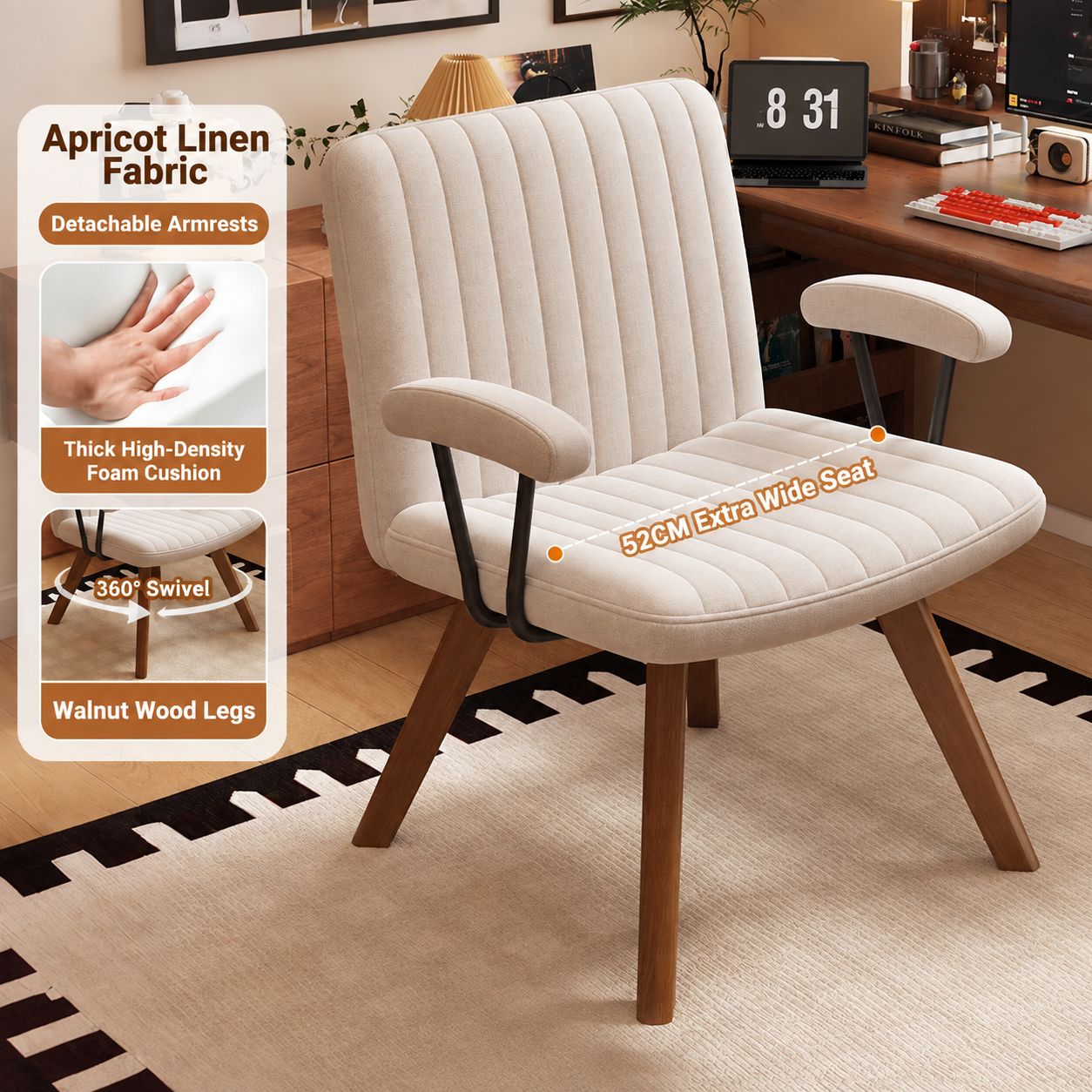 Apricot cotton and linen swivel chair surface [walnut wood legs]